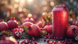 Mockup red aluminum can with water drops on the can surface and pomegranate surrounding it. pomegranate farm background, for product presentation