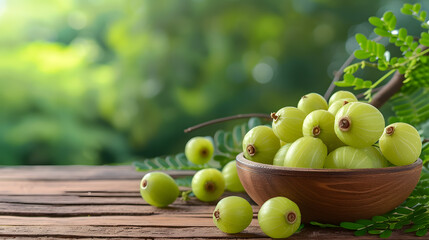 Wall Mural - Fresh amla (Indian gooseberry) with wooden bowl isolate on white background 