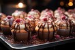 A tray of cupcakes with chocolate syrup being placed on them., generative IA
