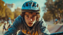 Close-up Of Mountain Bike Racer Riding In A City Skate Park On A Summer Day. Teenager In A Protective Helmet Rides A Bicycle. Active Lifestyle For Youth.