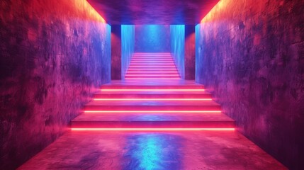 Wall Mural - Ancient Greek style pillar three podiums and door on blue pink violet neon,ultraviolet light, night club empty room interior, tunnel or corridor, glowing panels