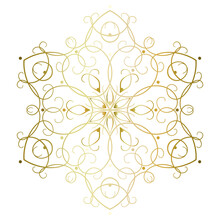 Golden Snowflake Mandala With Six Beams On White Background. Decorative Lace Pattern Vector Illustration. Floral Indian Ornaments For Print. Ethnic Monochrome Decor With Swirls And Curved Lines. 