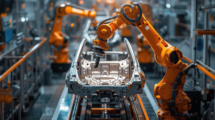 Canvas Print - The process of decorating automotive parts using a robot arm. The process of producing high-tech automotive parts using a robot system.