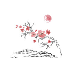 Wall Mural - Sakura branch line art, watercolor flowers on mountains background