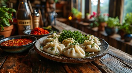 Wall Mural - manti or khinkali dumplings on a ceramic plate decorated with fresh green herbs and aromatic sauces, vegetable side dishes. Concept: restaurant menu, culinary blog or about world cuisine of Georgia 