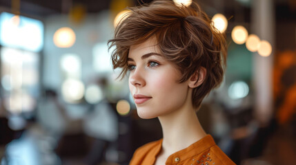 Wall Mural - Close-up side portrait of young Caucasian woman with stylish short haircut. Beautiful brown-haired girl with perfect makeup and charming appearance. Diversity in fashion.