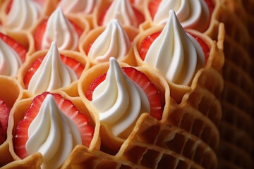 Wall Mural - Strawberry and vanilla ice cream in a waffle cone, two tone soft ice cream in a waffle cup