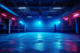 Fototapeta Londyn - Boxing ring in a spacious empty sports club. Arena for professional boxing matches, illuminated by powerful spotlights. Blue and red lighting.