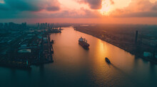 A Bird's-eye View Of Industrial Factories And Shipping Ports Along The River As The Evening Sun Reflects On The Calm River. Amidst The Colorful Sky And Tranquil Nature