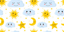 Seamless Pattern With Baby Cute Kawaii Characters Of Star, Sun, Moon And Clouds On White Background. Trendy Repeating Texture For Kid Children. Funny And Sleepy Faces. Colored Flat Vector Illustration