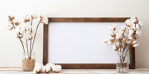 Wall Mural - Minimal Scandinavian interior decor featuring dried cotton flowers on a wooden frame with open copy space.