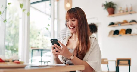 Wall Mural - Cafe, phone and funny woman typing on social media, reading meme on internet or remote work. Smartphone, smile and person laughing at restaurant table, comedy or joke on mobile app for communication