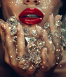 © KG - A beautiful model holding her hands to her face with bright red lips, with diamonds falling and surrounding her.