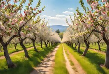 Rows Of Apple Trees Laden With Blossoms And Fruits
