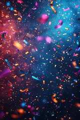 Wall Mural - Colorful confetti rain on festive blue stage background, empty room at night mockup with copy space, jubilee, New Year's party or product presentations.