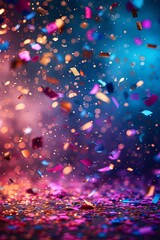 Wall Mural - Colorful confetti rain on festive blue stage background, empty room at night mockup with copy space, jubilee, New Year's party or product presentations.