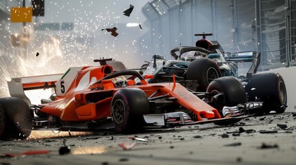 A dramatic scene of formula car crashing with debris flying during competition event. Dangerous sport