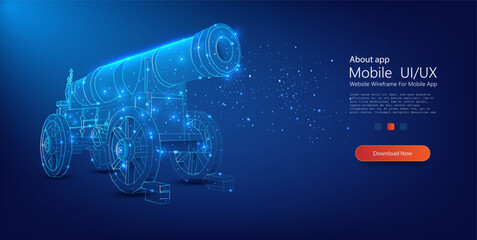 Sticker - A captivating digital art piece featuring a cannon depicted in a modern polygonal wireframe design, glowing on a deep blue background. Ramadan Cannon in low poly style. Vector illustration