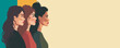 Vector banner multiethnic women standing sideways next to different cultures and nationalities. Concept of the movement for gender equality and women's empowerment