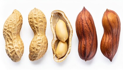 collection of single roasted peeled peanut isolated on white background top view