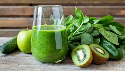 Glass of green smoothie made from herbs, fruits and vegetables. Healthy and refreshing drink