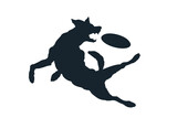Fototapeta Dinusie - Dog catch frisbee. Isolated silhouette of jumping pet. Puppy play with disc. Black drawing of doggy portrait. Active leisure scene
