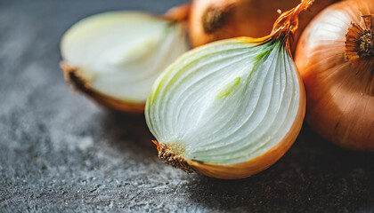 Onion, sliced onion, close-up, copyspace on a side