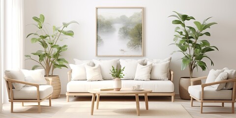 Sticker - Scandinavian home with stylish living room, white armchairs, sofa, coffee table, art, plants.