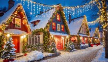 Traditional Houses Decorated With Christmas Garlands And Lights