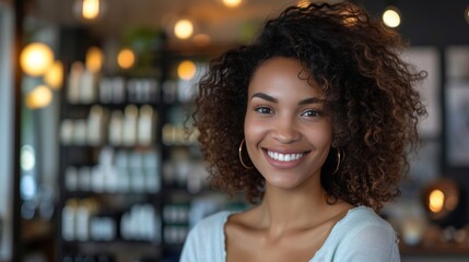 Wall Mural - A satisfied client leaving the salon with a radiant smile, embodying the salon's commitment to beauty and well-being