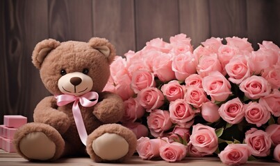 Wall Mural - Teddy bear and pink roses on wooden background. Toned.
