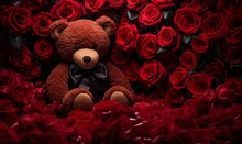 Teddy Bear And Red Roses Background. Valentines Day Concept.