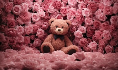 Wall Mural - Teddy bear with pink roses background, Valentine's day concept.