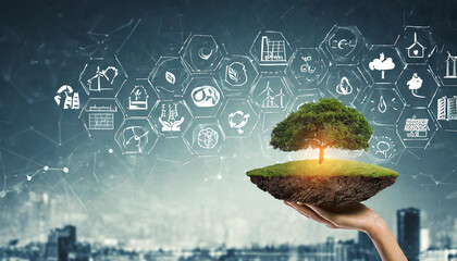 Wall Mural - hand holding green background with campaign to save energy and plant a tree. it is a concept that sh