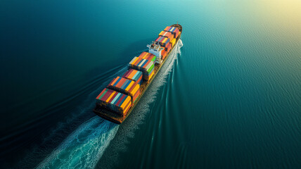 Container ship, full of colorful containers, slicing through the calm sea.