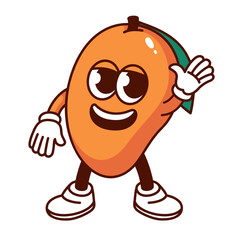 Poster - Groovy cartoon mango character waving hello or goodbye. Funny retro juicy tropical fruit with hand up, greeting mango mascot, cartoon emoji and cool sticker of 70s 80s style vector illustration
