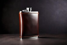 Pocket Flask Made Of Steel In Leather Finish With An Alcoholic Drink On A Dark Background With Copy Space
