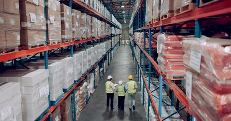 Poster - Shipping storage and stock with warehouse people walking together for logistics or shelf inspection. Delivery, supply and export with employee team working in plant for distribution from back