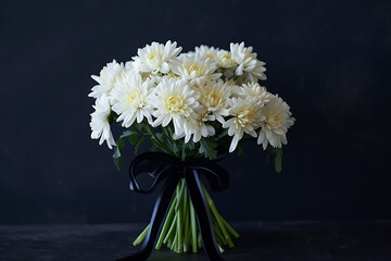 Wall Mural - a bouquet of white chrysanthemums tied in a black rib