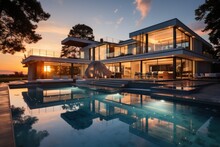 Modern House With Large Outdoor Swimming Pool At Sunset