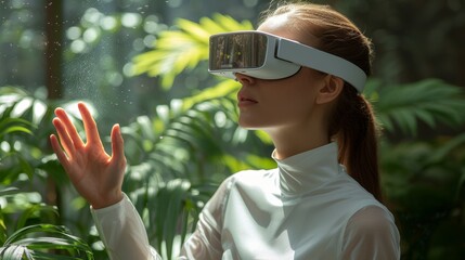 Aufkleber - A woman wearing VR glasses touches the air