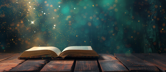 Magic Book With Open Antique Pages And Abstract Bokeh Lights Glowing In Dark Background