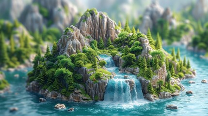 Poster - Travel and tourism ads of beautiful landscape, mountains, waterfalls, blue sea in an isometric land. Blue ocean and green forest with trees and animals.