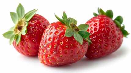 Poster - Isolated fresh strawberries on white background. Close-up of three strawberries.