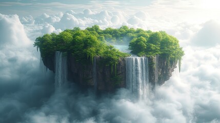 Poster - Fantasy island with green trees, waterfalls, isolated with clouds. Realistic illustration of flying heaven.