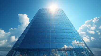 Fototapete - An image of highrise glass building and dark steel window system on a blue clear sky background, looking up to the sunlight on top of the building. 3d rendering.