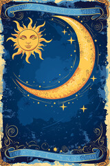 Wall Mural - beautiful golden mystical elements in boho style, sun and crescent moon with face.