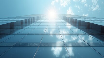 Fototapete - A view of a high rise glass building and a dark steel window system on a blue clear sky background. A business concept of future architecture, looking up to the sun's light on top of the building. 3D
