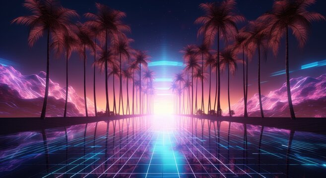 a retro-futuristic paradise with a landscape featuring tropical beach palm trees, reflecting the vibrant aesthetic of the electronic cyberpunk era of the 80s and 90s.