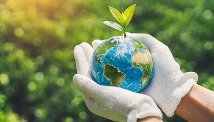 Wall Mural - hands protecting globe of green tree on tropical nature summer background, ecology and environment c